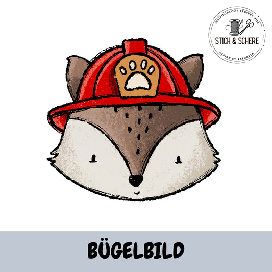 Bügelbild Fire Crew Feuerwehr Fuchs mit rotem Helm in 10 oder 15 cm von Katzengold-Designs