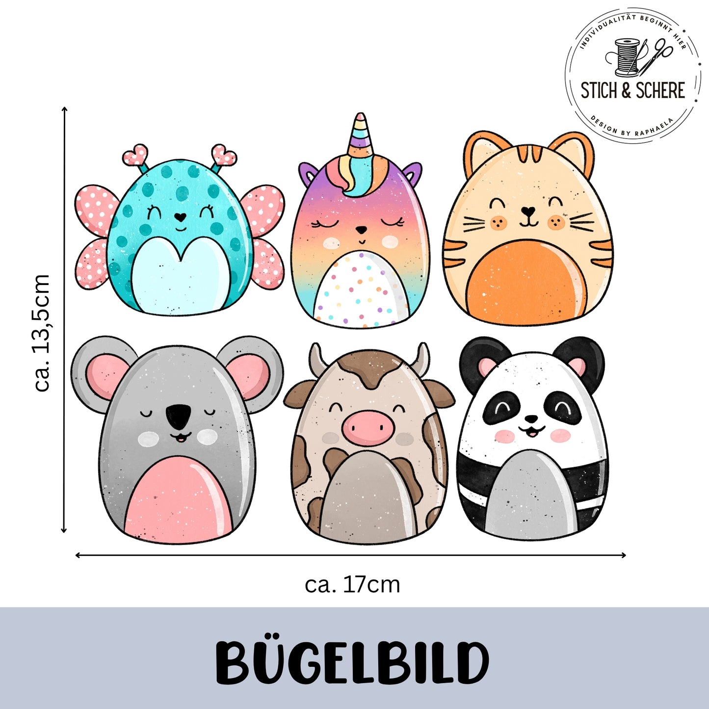 „Freigestelltes Bügelbild-Set ‚Flauschis‘ (ca. 17×13,5 cm): sechs rundliche Tierfiguren – türkisfarbener Schmetterling, pastellfarbenes Einhorn, orange Katze, grauer Koala, beige Kuh und schwarz-weißer Panda; kindliche Illustration.“