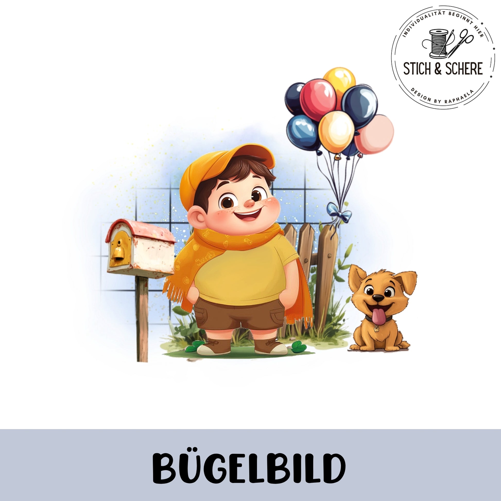 Bügelbild mit fröhlichem Jungen, bunten Luftballons und kleinem Hund in liebevoller Illustration.