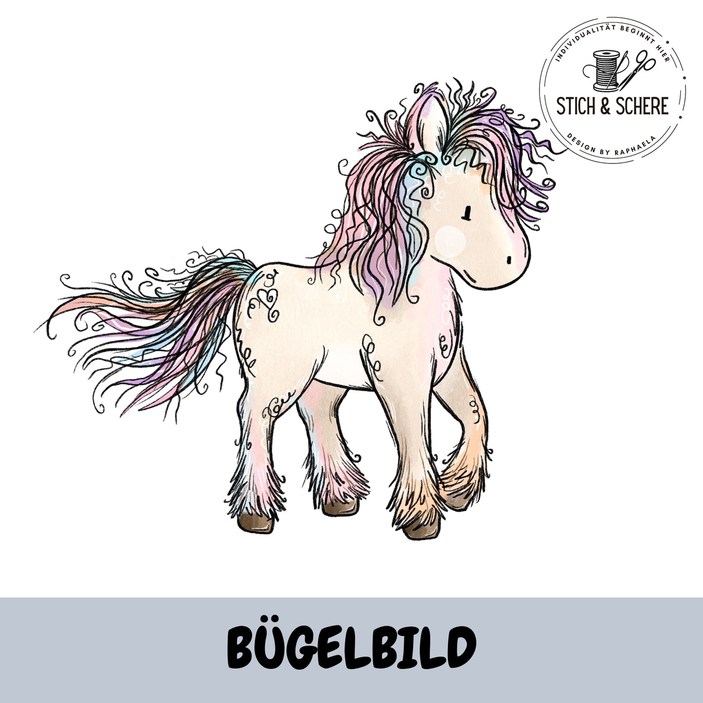 Bügelbild Flower Pony stehendes Pony – niedliches Pony mit bunter Mähne passend zum Flower Pony Stoffdesign von Katzengold-Designs.