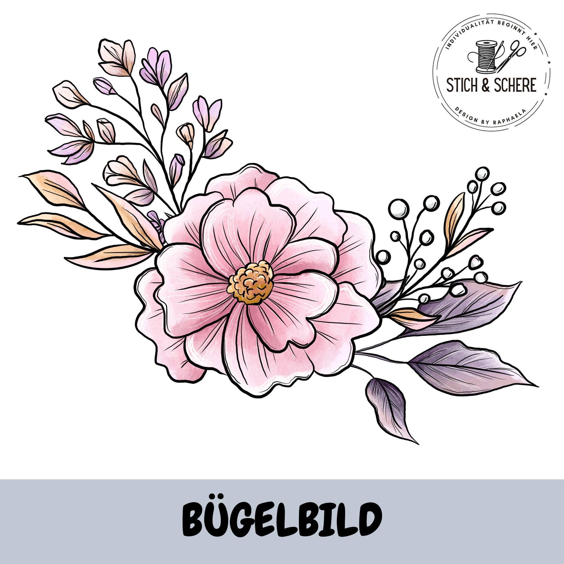 Bügelbild Flower Pony Blume rosa – detailreiche Blumenillustration passend zum Flower Pony Stoffdesign.