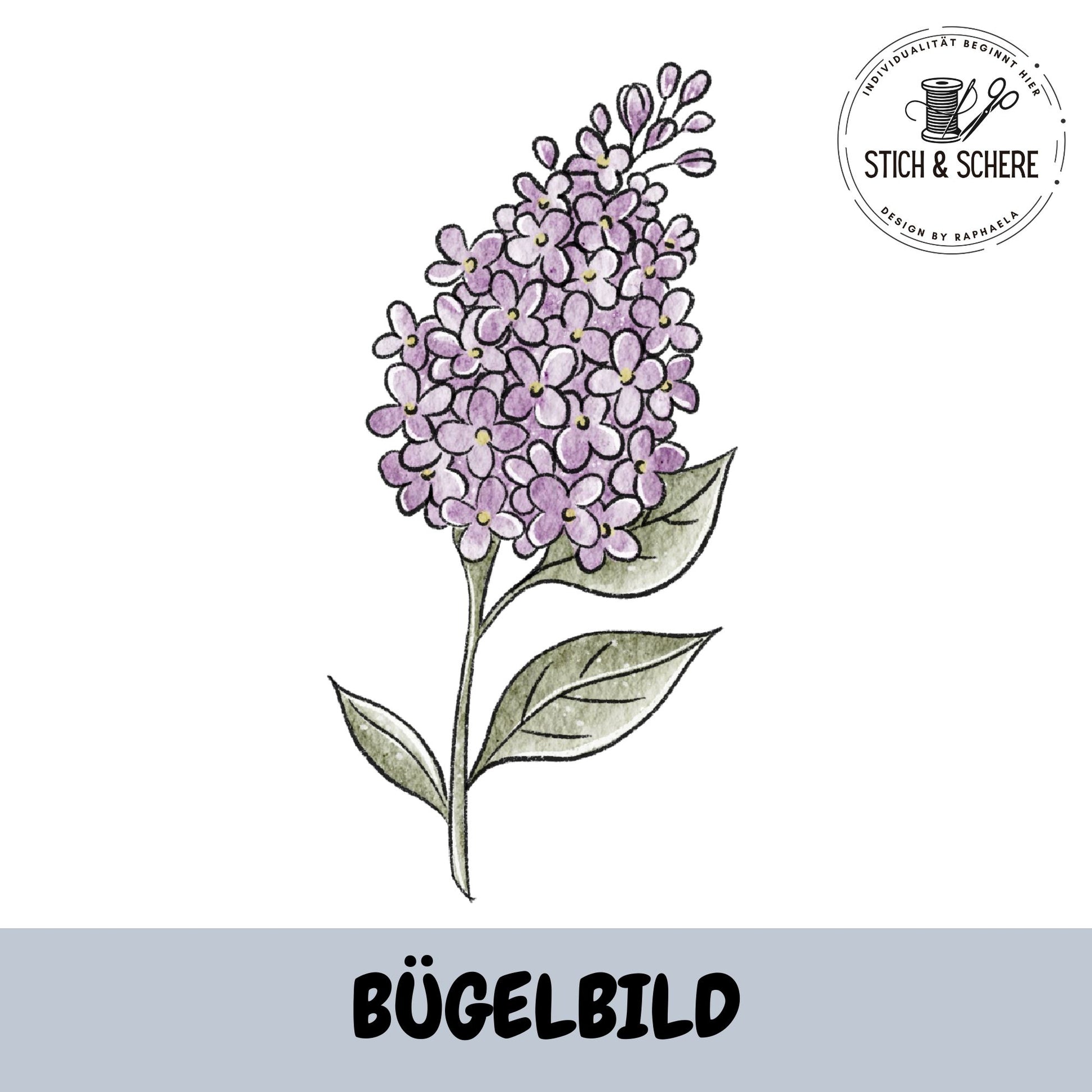 Bügelbild „Frühlingsblumen“ mit fliederfarbenen Blüten und grünen Blättern im handgemalten Aquarellstil als hochwertiger DTF-Transfer für Kleidung und Accessoires