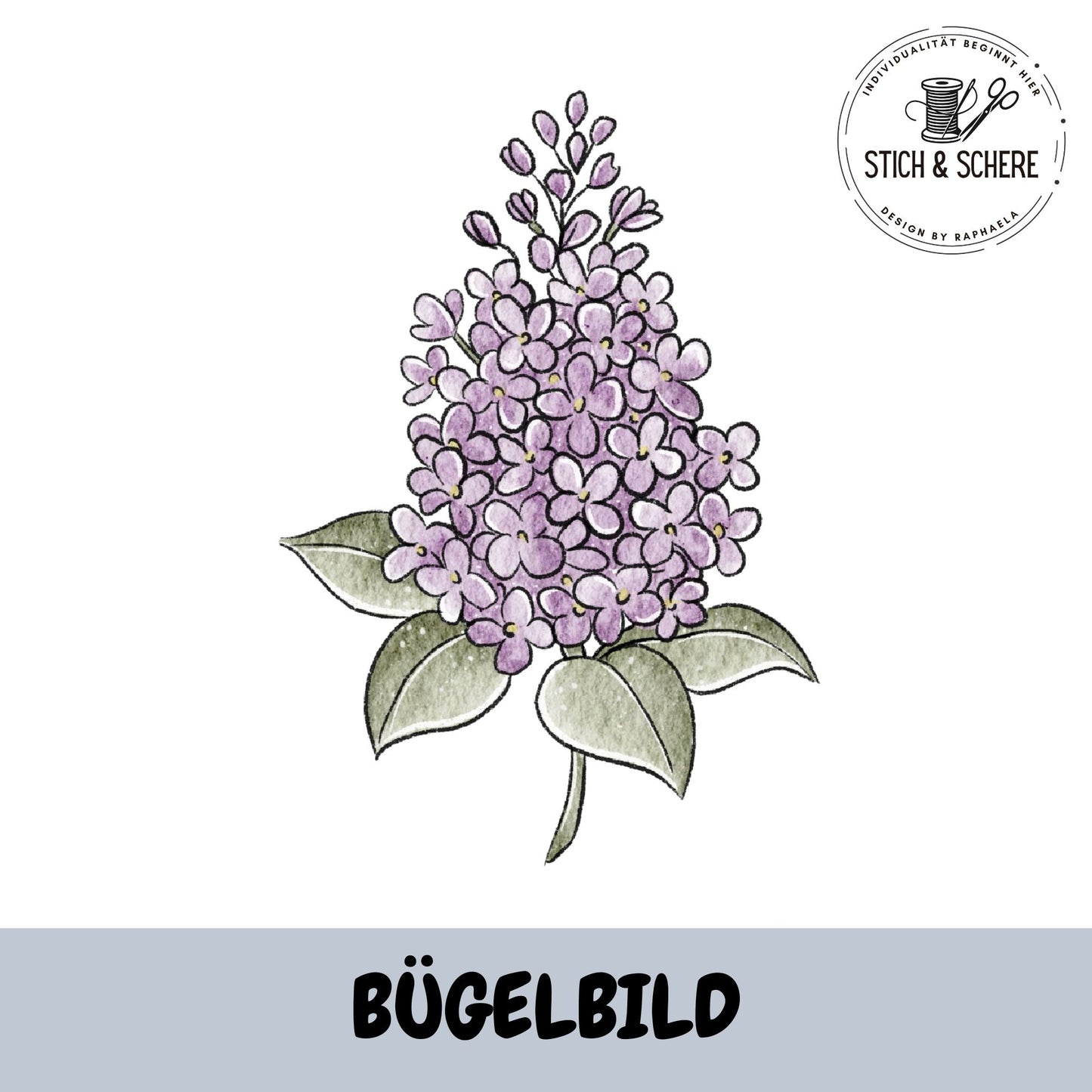 Bügelbild „Frühlingsblumen“ mit zarter Fliederblüte auf langem Stiel im Aquarellstil als hochwertiger DTF-Transfer für kreative Näh- und DIY-Projekte