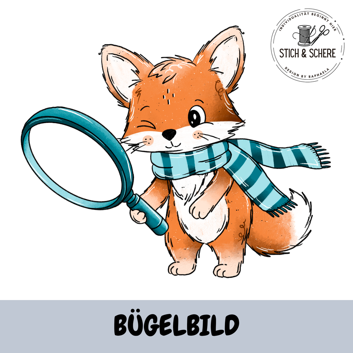 Fuchssuche Bügelbild mit Fuchs, großer runder Brille und türkis gestreiftem Schal von Katzengold Designs