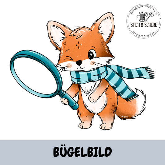 Fuchssuche Bügelbild mit Fuchs, großer runder Brille und türkis gestreiftem Schal von Katzengold Designs
