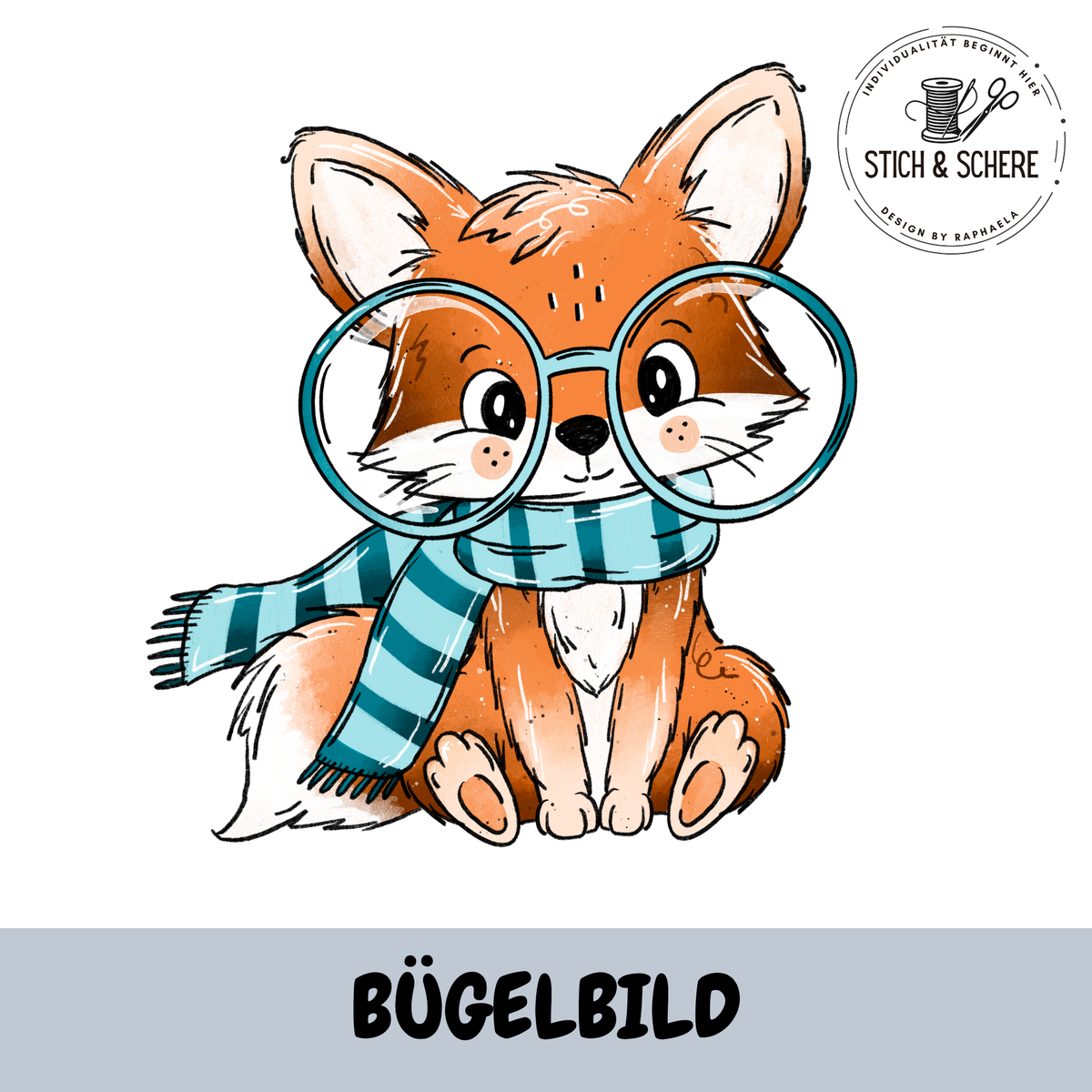 Fuchssuche Bügelbild mit Fuchs, Lupe und türkis gestreiftem Schal von Katzengold Designs