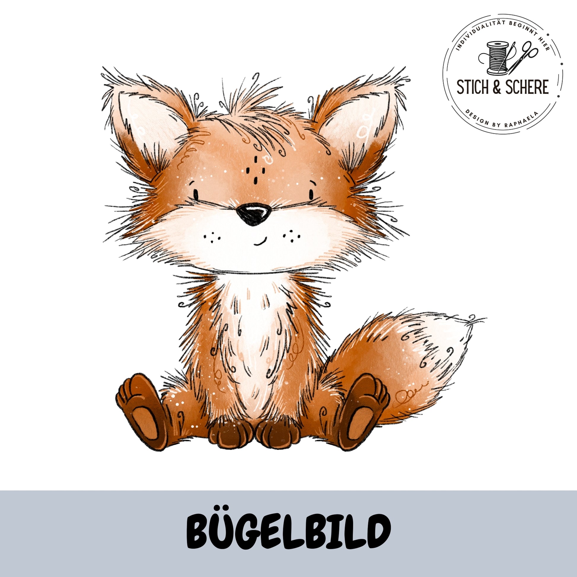 Bügelbild Fuchstag sitzender Fuchs frontal Katzengold-Designs