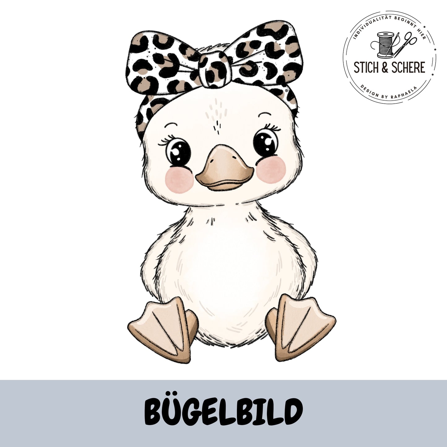 Bügelbild Gänsebaby mit Leoparden-Schleife 10 oder 15 cm Katzengold-Designs