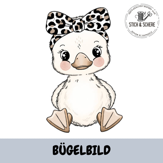 Bügelbild Gänsebaby mit Leoparden-Schleife 10 oder 15 cm Katzengold-Designs