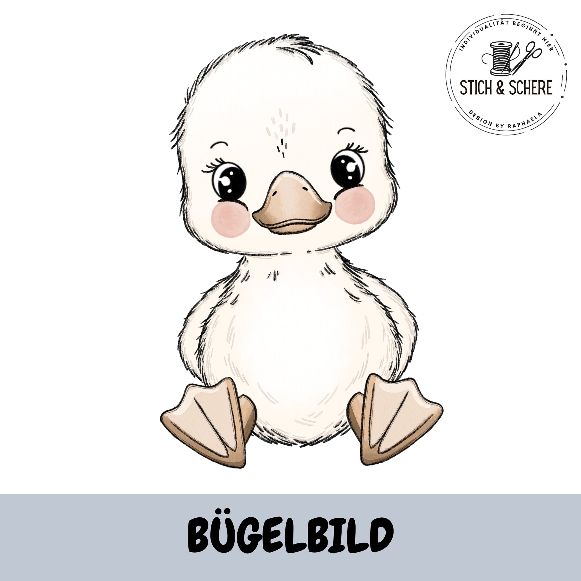 Bügelbild Gänsebaby sitzend mit großen Augen 10 oder 15 cm Katzengold-Designs