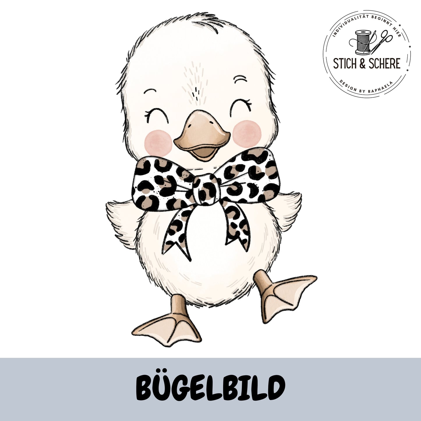 Bügelbild Gänsebaby lachend mit Schleife 10 oder 15 cm Katzengold-Designs