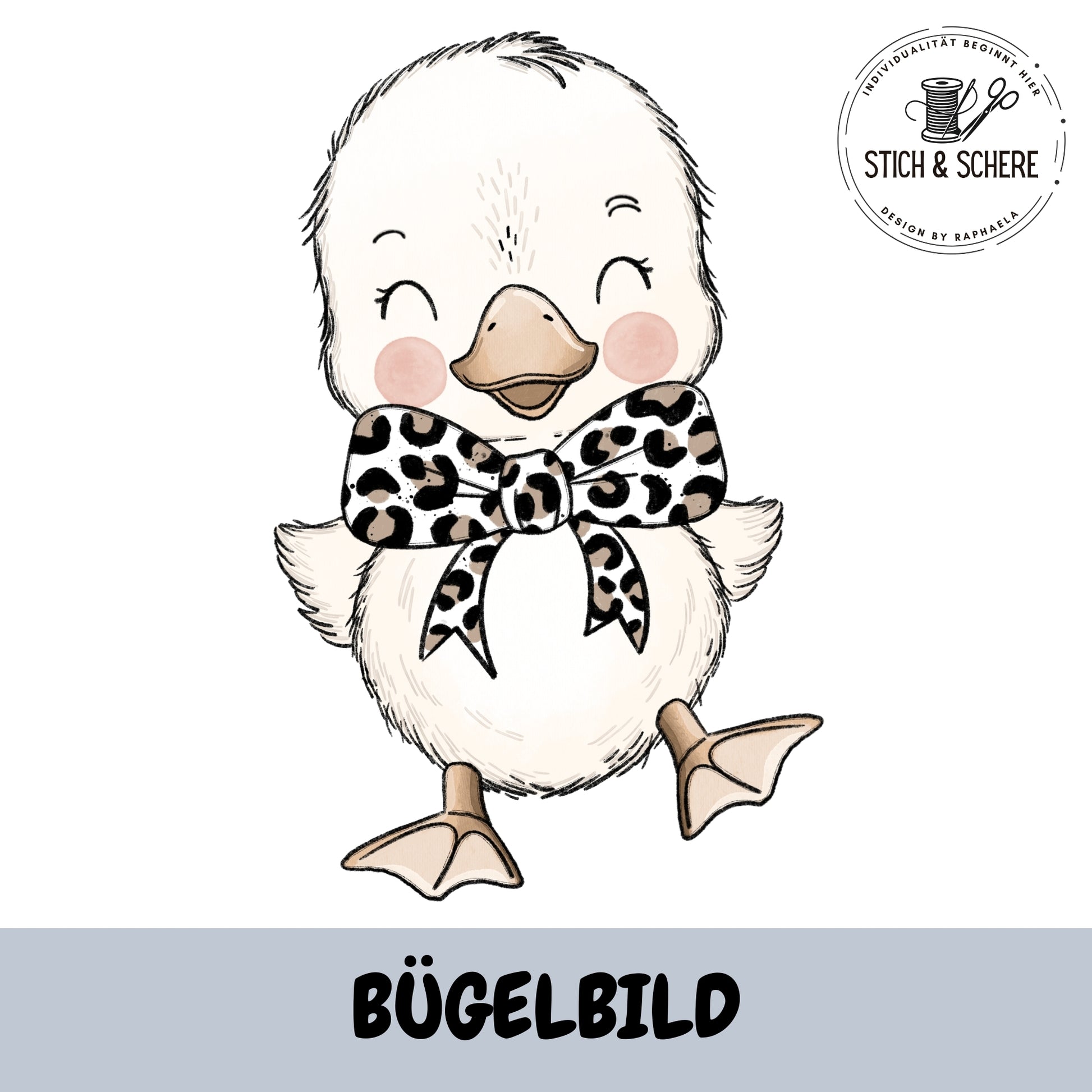 Bügelbild Gänsebaby lachend mit Schleife 10 oder 15 cm Katzengold-Designs