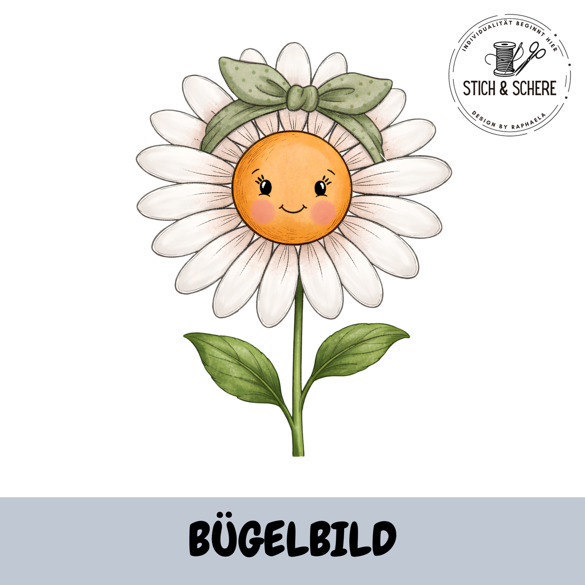 Bügelbild Gänseblümchen mit freundlichem Gesicht und grüner Schleife