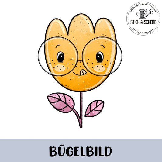 „Freigestelltes Bügelbild: gelbe Tulpe mit runder Brille und freundlichem Gesicht, zwei rosa Blätter am Stiel.“