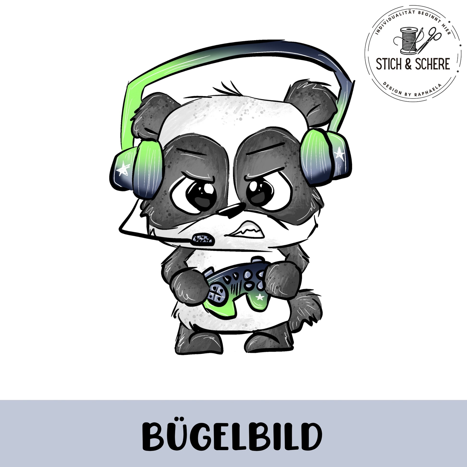 Stylischer Gaming-Panda als Bügelbild für individuelle DIY-Kleidung.