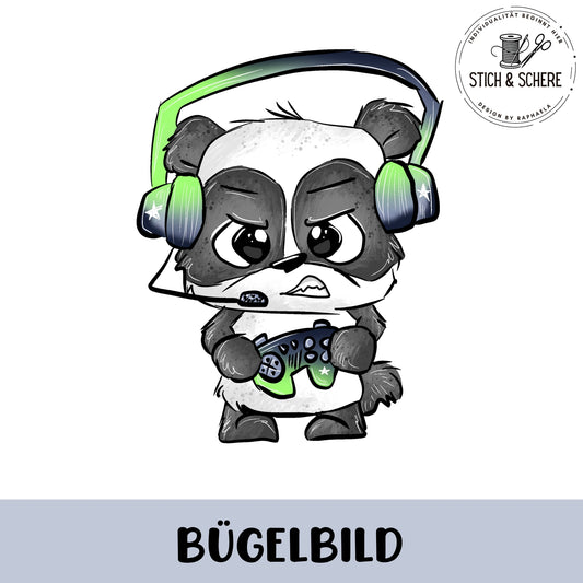 Stylischer Gaming-Panda als Bügelbild für individuelle DIY-Kleidung.