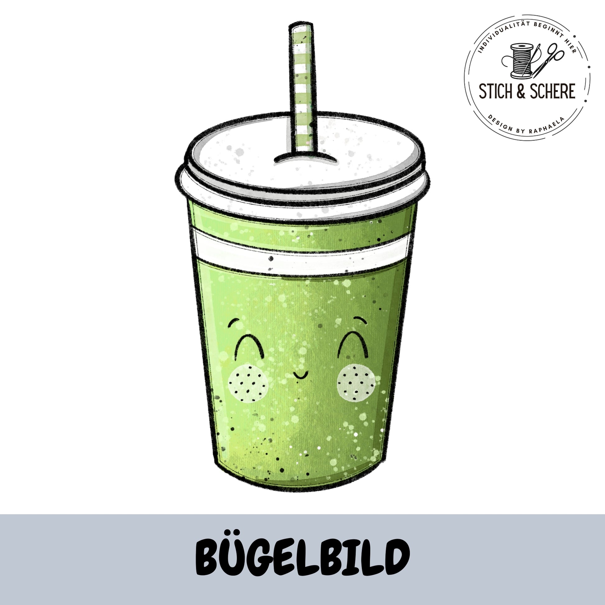 Grünes Getränk im Becher mit Deckel und grün-weißem Strohhalm – süßes Kawaii Bügelbild von Katzengold-Designs