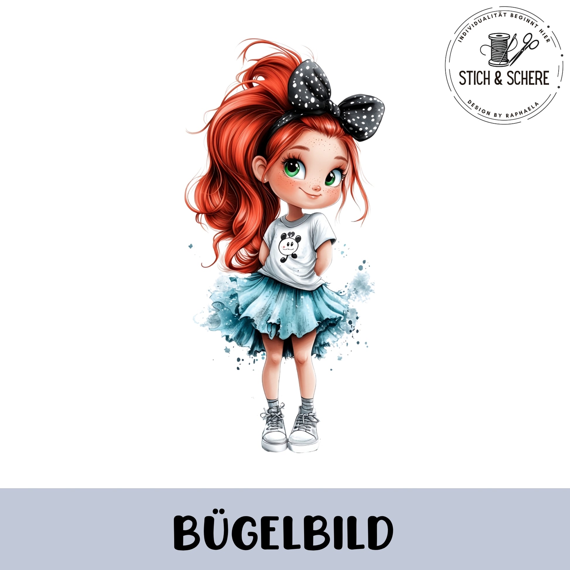 Bügelbild mit selbstbewusstem Mädchen mit roten Haaren, Schleife und modernem Outfit in 10 oder 15 cm.