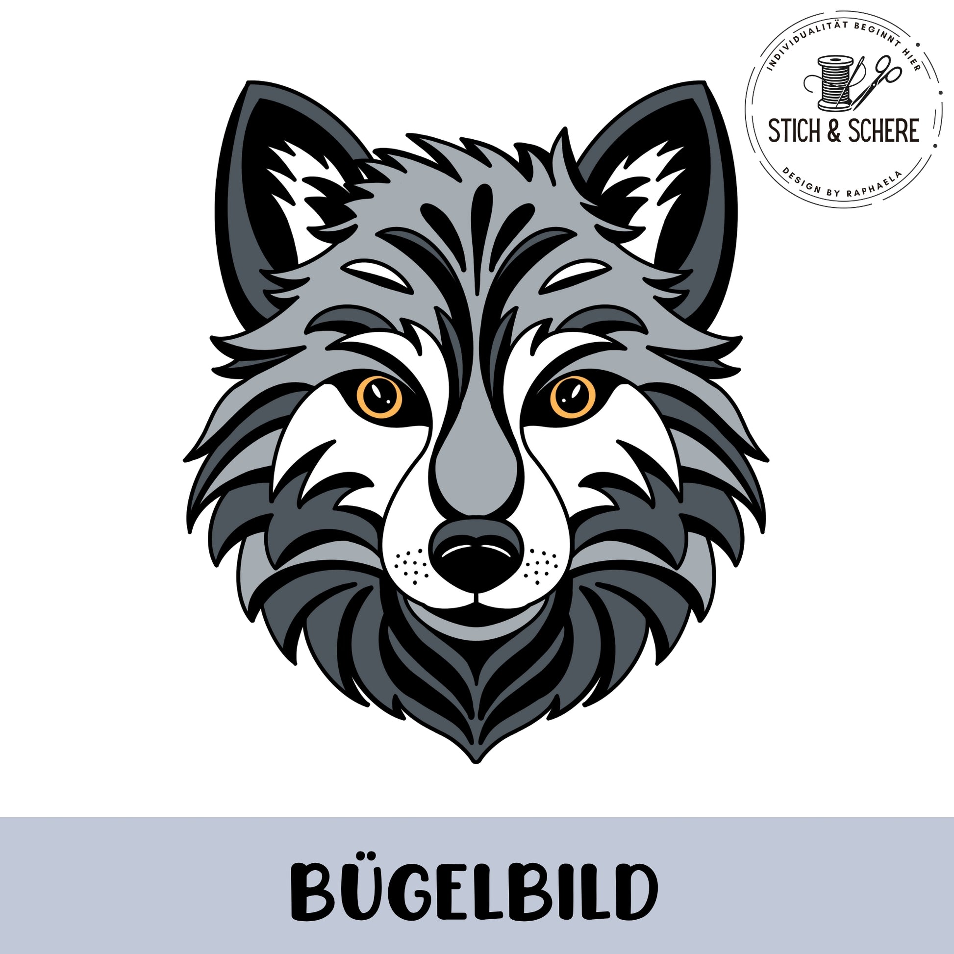 „Freigestelltes Bügelbild: frontal gezeichneter Wolfskopf in Grau, Schwarz und Weiß mit goldenen Augen und markanter Fellstruktur; klarer, kontrastreicher Stil.“