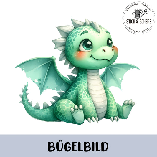 Kleiner niedlicher grüner Drache als Bügelbild.