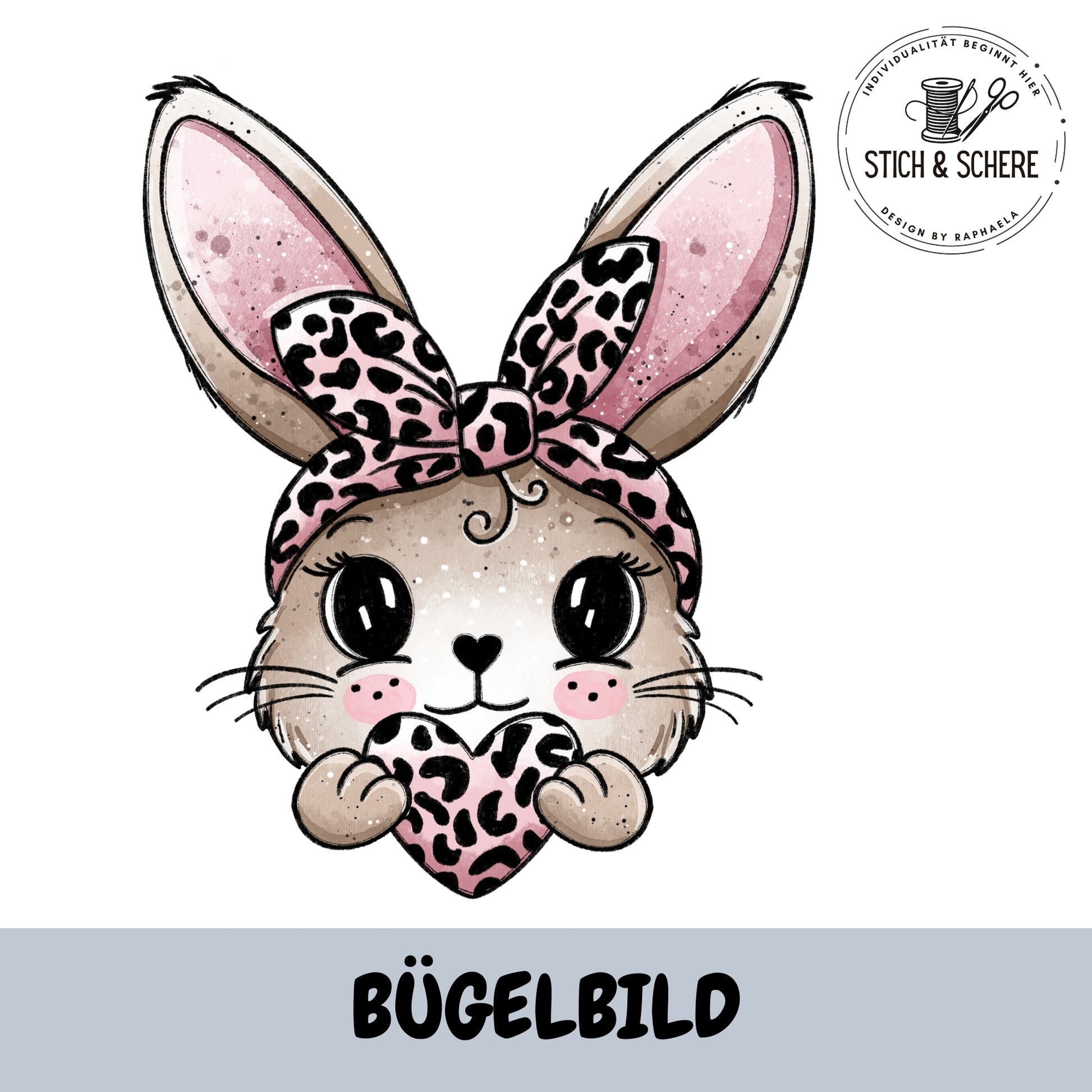 Bügelbild Häschen mit Leo-Haarband und Herz 10 oder 15 cm – Katzengold-Designs