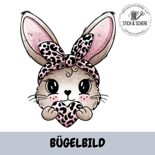 Bügelbild Häschen mit Leo-Haarband und Herz 10 oder 15 cm – Katzengold-Designs
