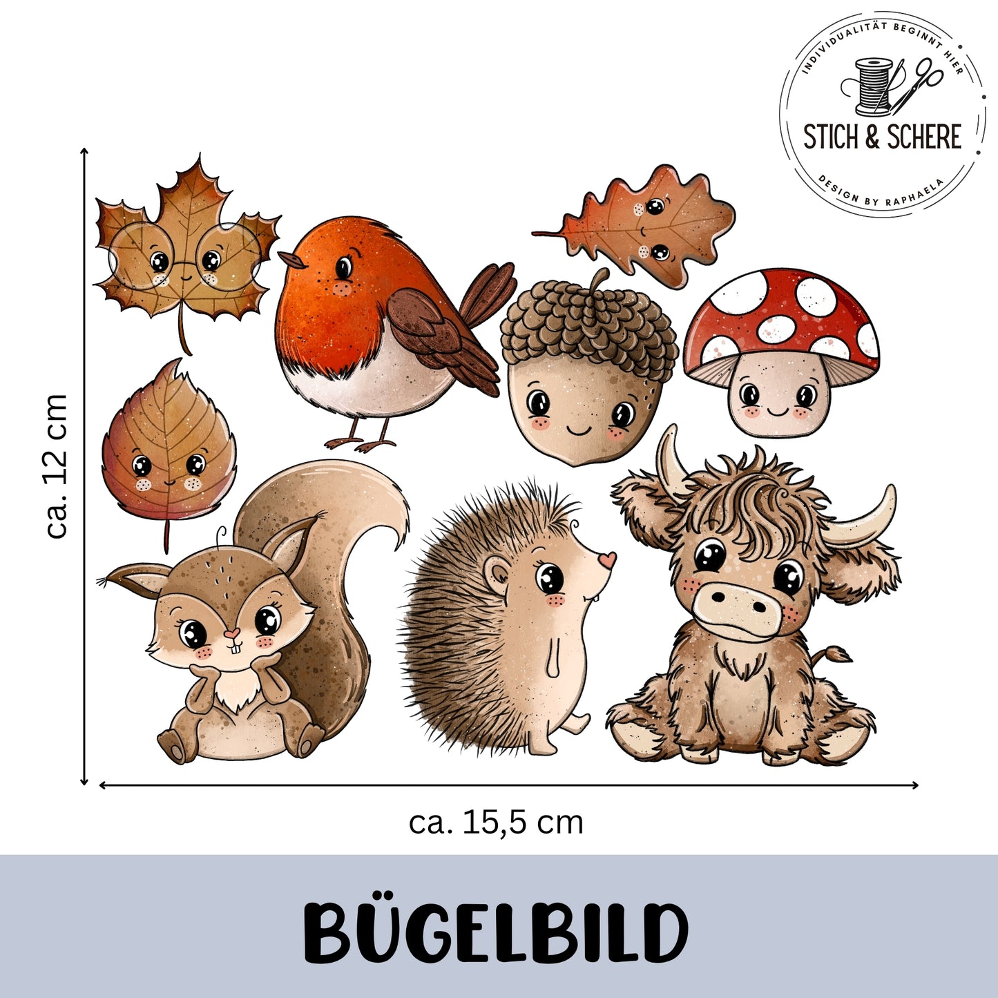 „Bügelbild-Set Herbstliebe: neun herbstliche Motive – Ahorn-, Buchen- und Eichenblatt mit Gesichtern, Rotkehlchen, Eichel, Fliegenpilz, Eichhörnchen, Igel und kleine Highland-Kuh; Gesamtbogen etwa 15,5 × 12 cm.“