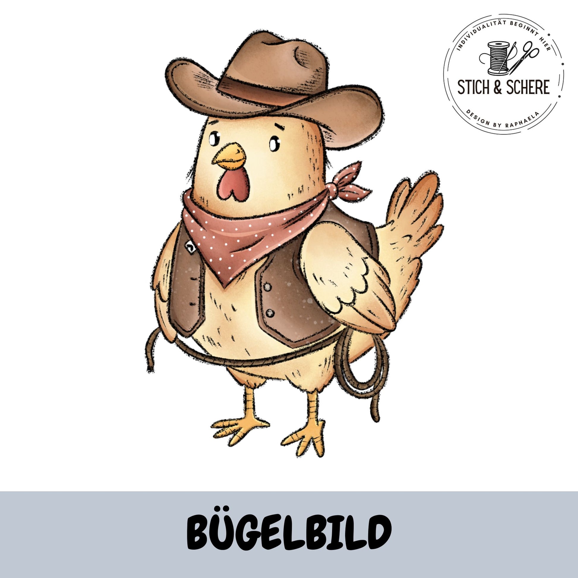 Bügelbild „Hühnerpiraten“ mit Huhn im Cowboyhut, Halstuch und Weste im liebevollen Illustrationsstil als hochwertiger DTF-Transfer