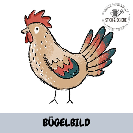 Bügelbild Hühnertag stehender Hahn mit rotem Kamm Katzengold-Designs