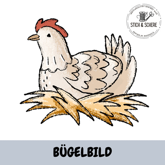 Bügelbild Hühnertag Henne im Nest auf Stroh Katzengold-Designs