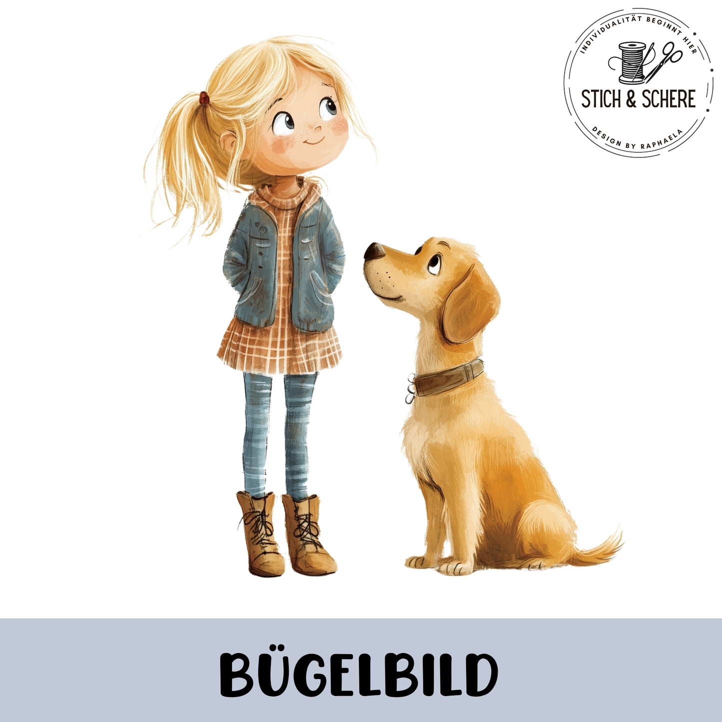 Bügelbild mit Mädchen und goldenem Hund im warmen Aquarellstil in sanften Naturtönen.