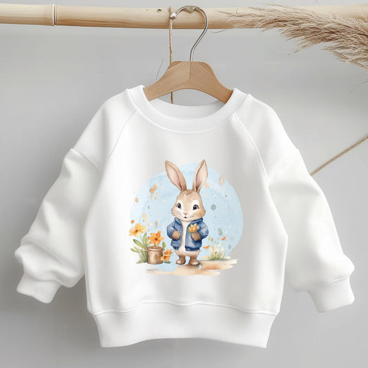 Hochwertiges Bügelbild mit Hase in Jeansjacke für DIY-Projekte.