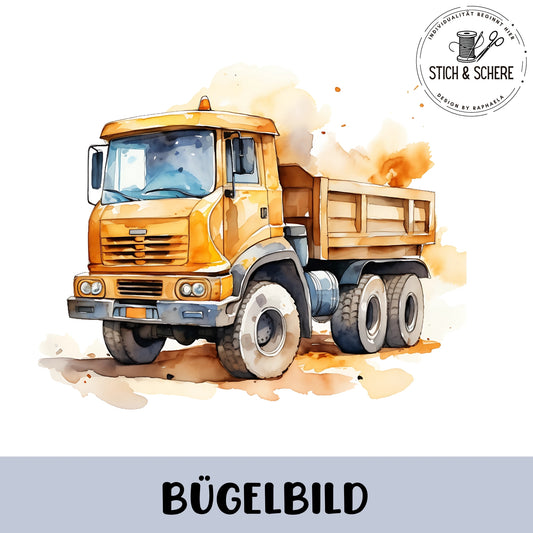 Bügelmotiv Kipplaster – starkes Design für kleine Bauleiter.
