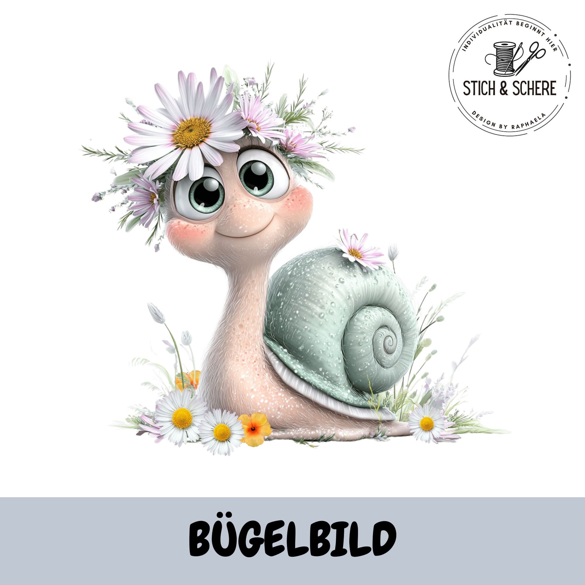 Bügelbild „Kleine Schnecke“ mit Blumenkranz, großen Augen und zartem Schneckenhaus in Pastellfarben als hochwertiger DTF-Transfer für Kinderkleidung und Nähprojekte