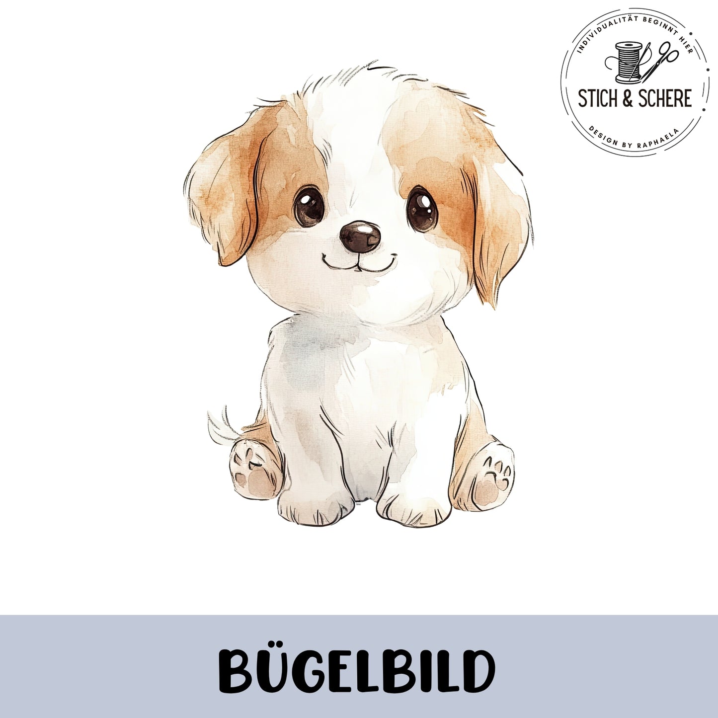Aquarell Bügelbild mit niedlichem kleinen Welpen in sanften Naturtönen zum Aufbügeln auf Kleidung.