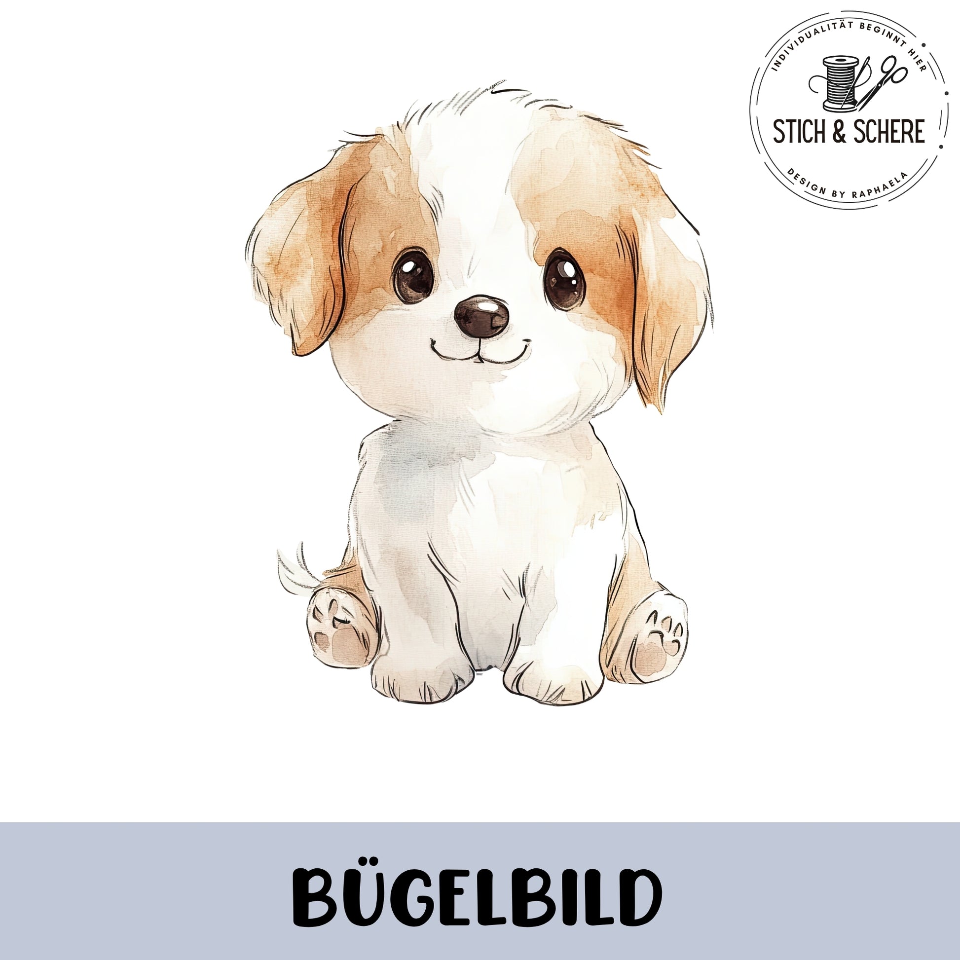 Aquarell Bügelbild mit niedlichem kleinen Welpen in sanften Naturtönen zum Aufbügeln auf Kleidung.