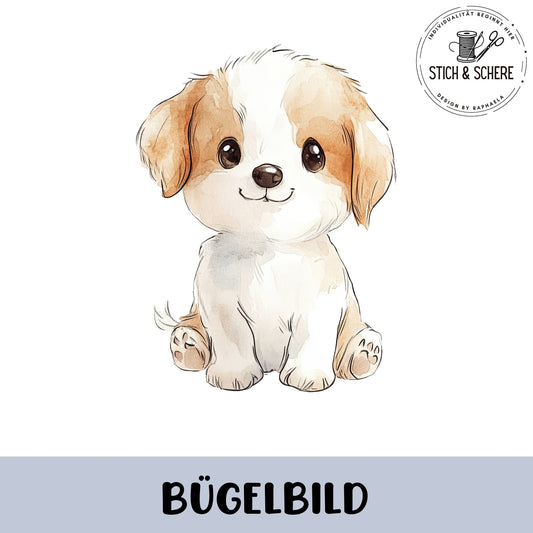 Aquarell Bügelbild mit niedlichem kleinen Welpen in sanften Naturtönen zum Aufbügeln auf Kleidung.