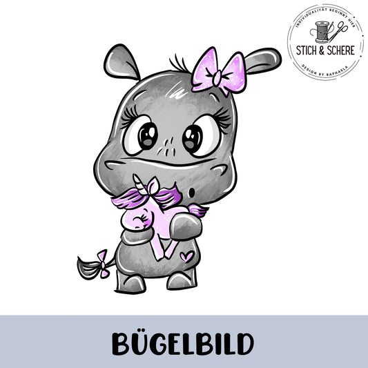 Nilpferd mit Einhorn als Bügelbild – Perfekt für DIY-Kinderkleidung & Stoffe.