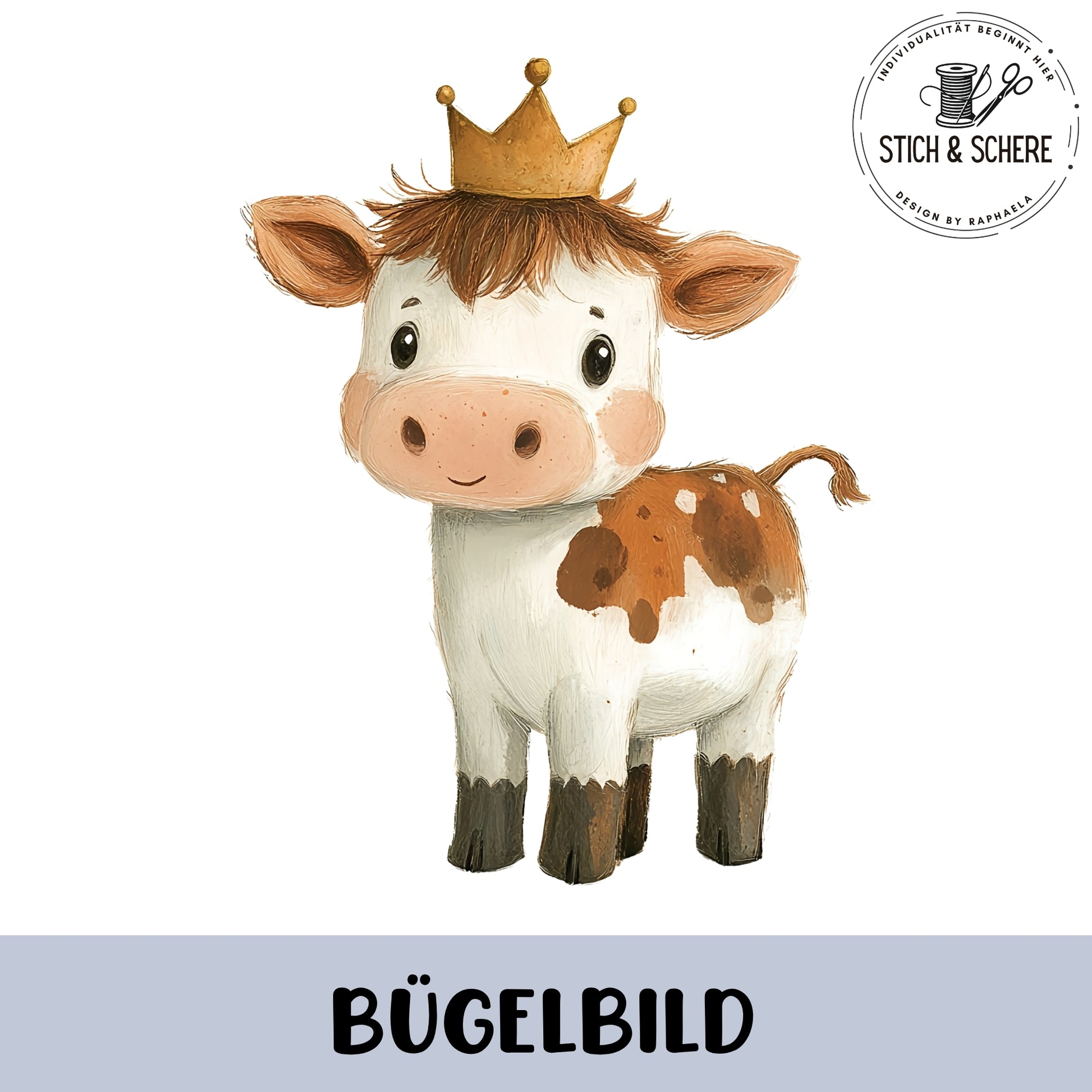 Bügelbild mit niedlicher kleinen Kuh mit goldener Krone im Bauernhof-Stil.