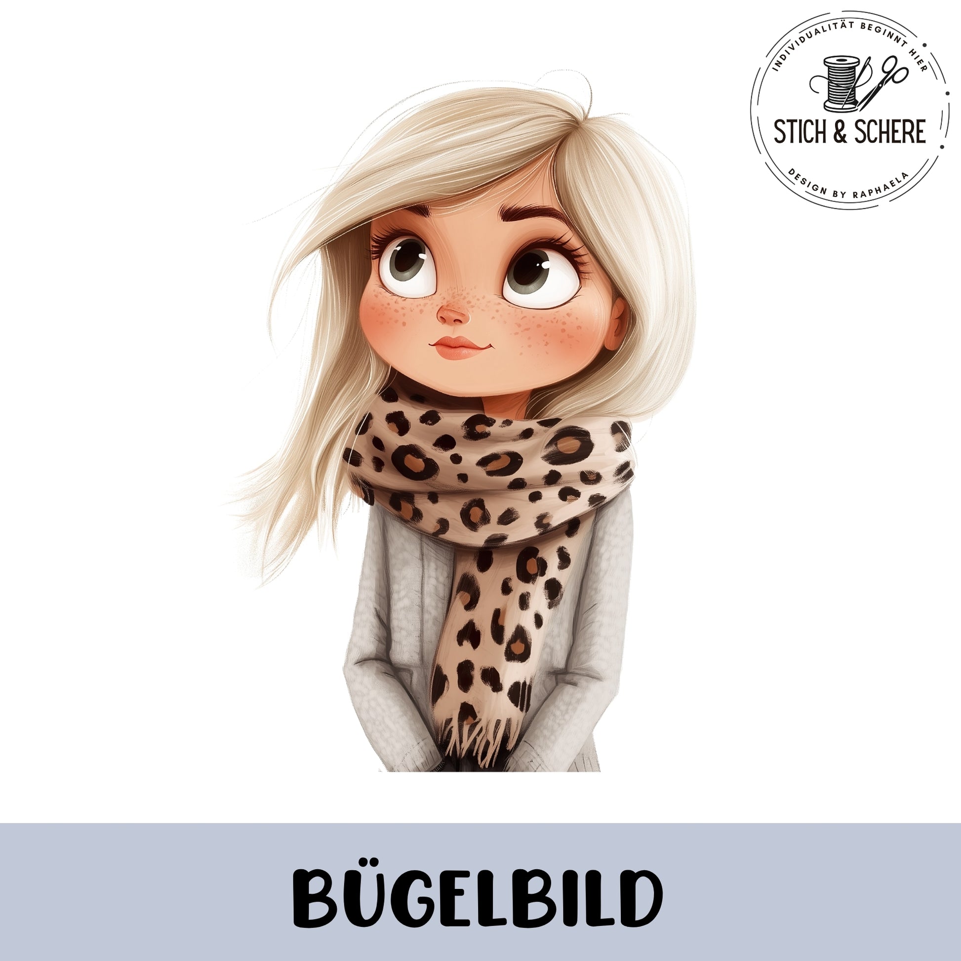 Glitzer-Bügelbild „Leo Girl“ – Illustration eines Mädchens mit blondem Haar und Leo-Schal auf weißem Hintergrund, Produktdarstellung von Stich & Schere