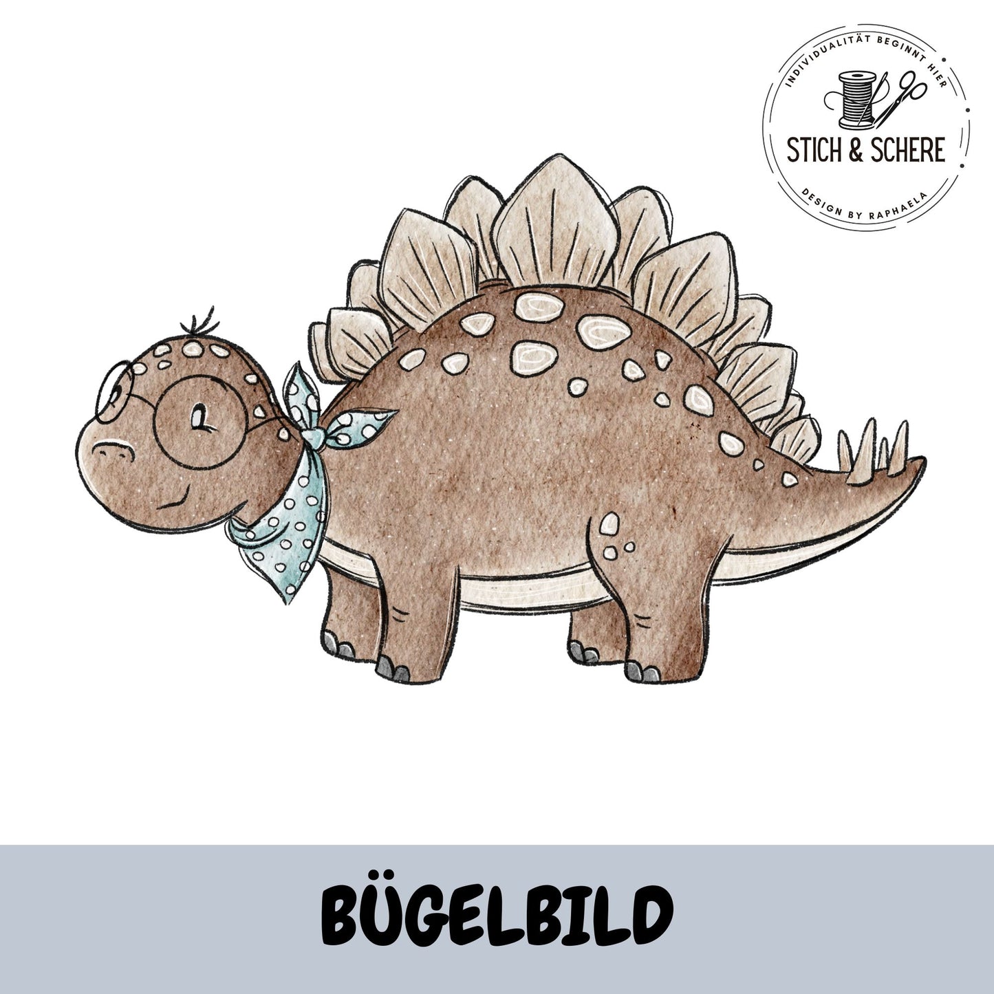 Bügelbild „Lesedino“ mit niedlichem Stegosaurus, Brille und gepunktetem Halstuch im handgemalten Aquarellstil als hochwertiger DTF-Transfer für Kinderkleidung