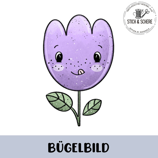 „Freigestelltes Bügelbild: lilafarbene Tulpe mit freundlichem Gesicht, Sommersprossen, zwei grünen Blättern am Stiel.“