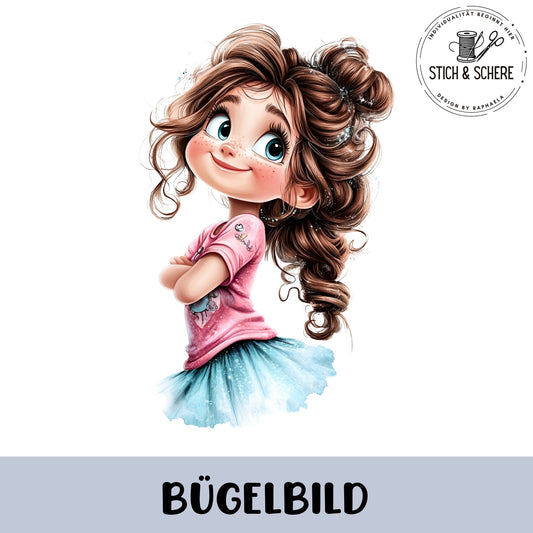 Niedliches Mädchenmotiv als Glitzer-Bügelbild – ideal für DIY Kinderkleidung.