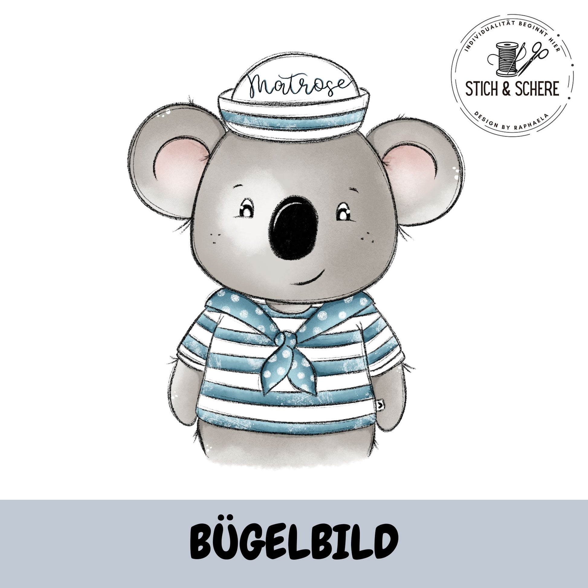 Bügelbild „Matrose Koala“ mit gestreiftem Matrosenshirt, Halstuch und Seemannsmütze im handgemalten Aquarellstil als hochwertiger DTF-Transfer für Kinderkleidung