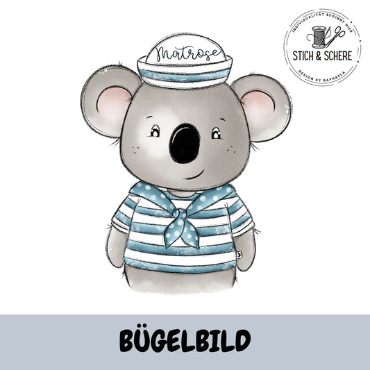Bügelbild „Matrose Koala“ mit gestreiftem Matrosenshirt, Halstuch und Seemannsmütze im handgemalten Aquarellstil als hochwertiger DTF-Transfer für Kinderkleidung