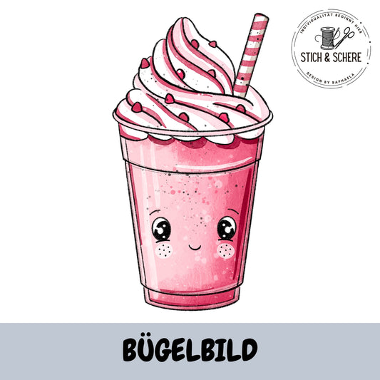 Bügelbild Milchshake Erdbeere mit Sahnehaube – Katzengold-Designs