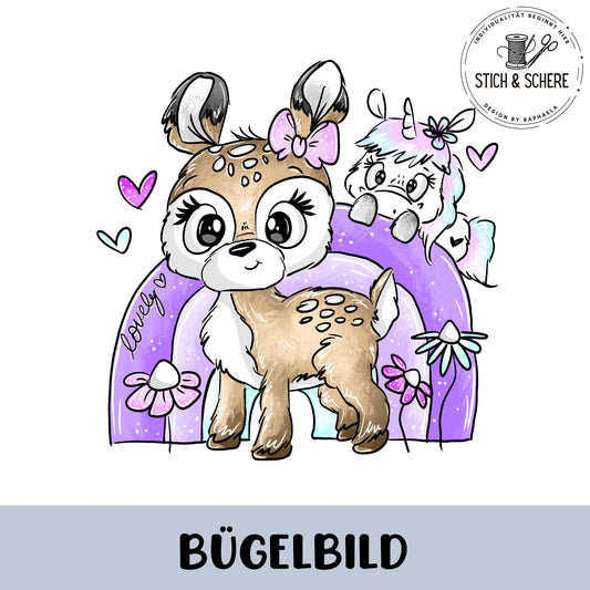 Niedliches Reh & Einhorn auf Regenbogen – Ideal für DIY-Kinderkleidung.