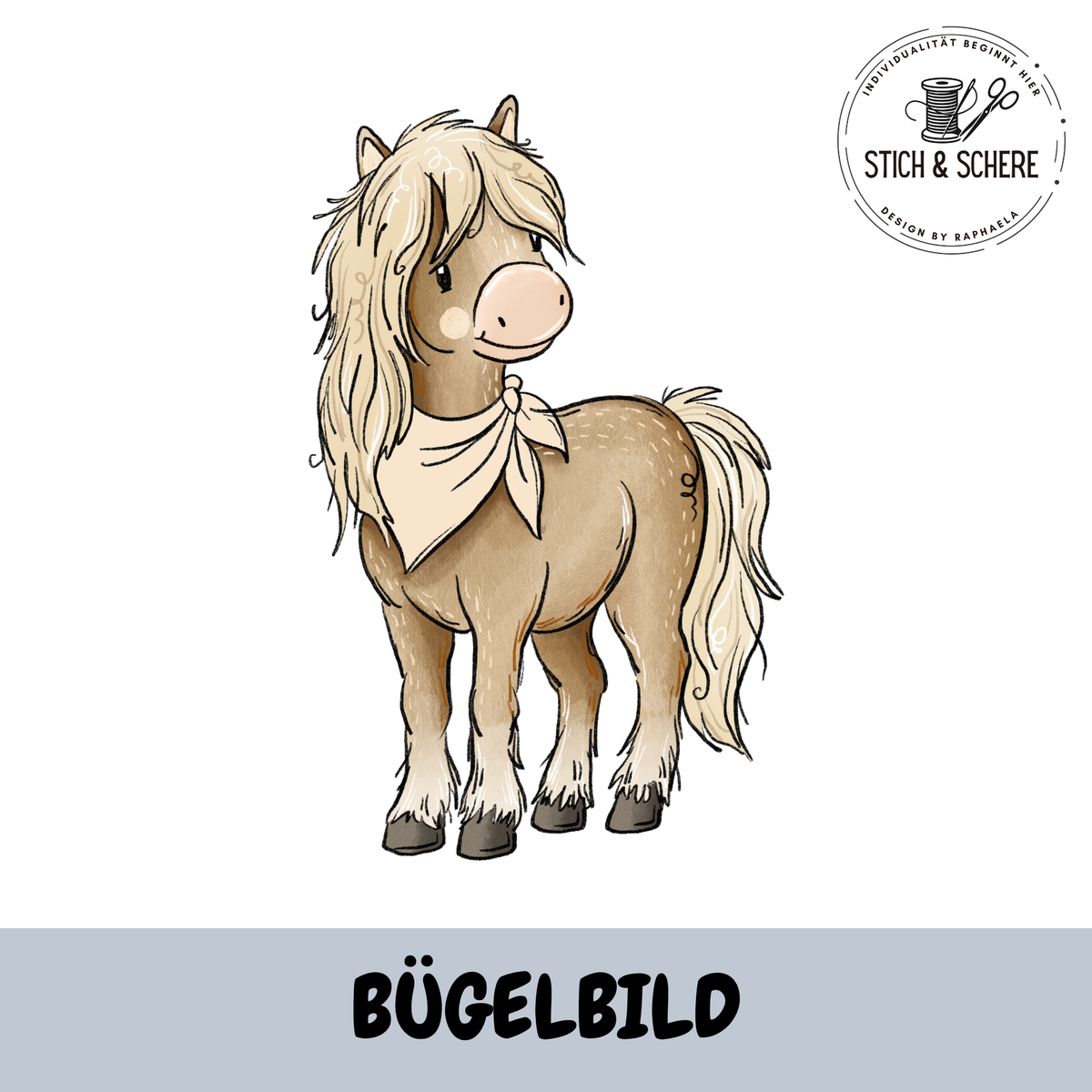 Pferdehorde Lavendel Bügelbild mit stehendem Pferd und Halstuch von Katzengold Designs