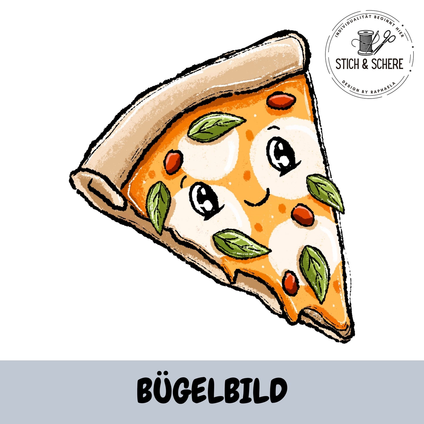 Bügelbild Pizzalein Margherita 10 oder 15 cm von Katzengold-Designs – fröhliches Pizzastück mit Mozzarella und Basilikum