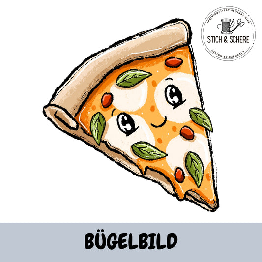 Bügelbild Pizzalein Margherita 10 oder 15 cm von Katzengold-Designs – fröhliches Pizzastück mit Mozzarella und Basilikum